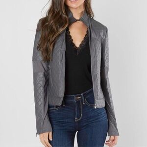 BKE Buckle Jacket Women’s Small Gray Faux Leather Mesh Full Zip Long Sleeve